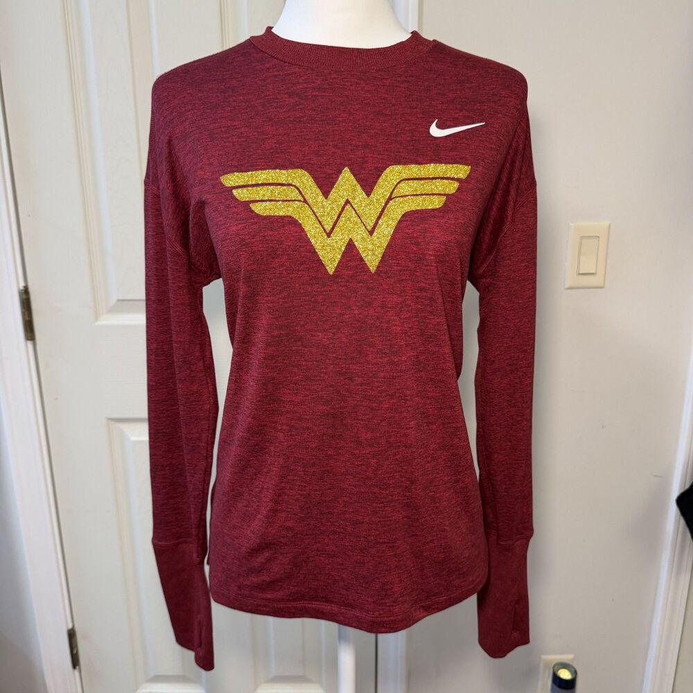 Nike Wonder Woman Dri-FIT Running Shirt M Maroon Heather Long Sleeve Glitter